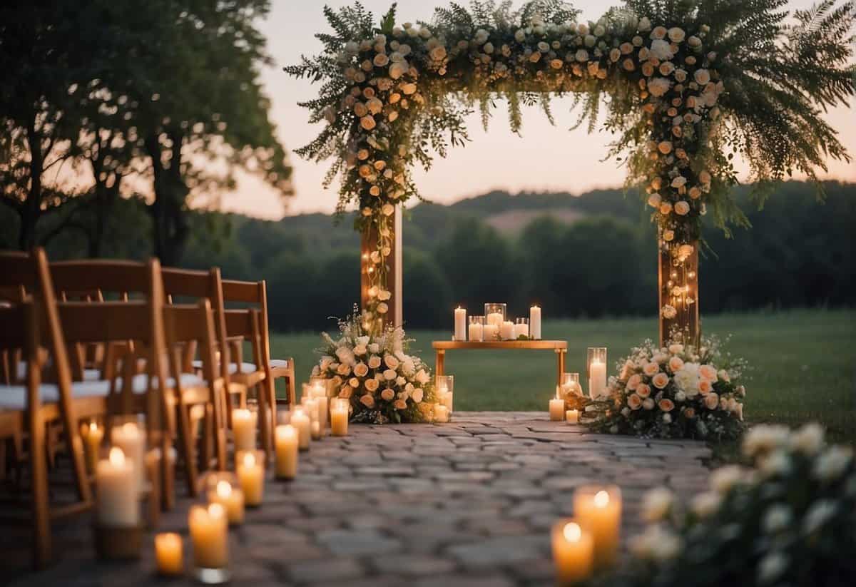 A decorated wedding altar with flowers and candles, symbolizing love and commitment