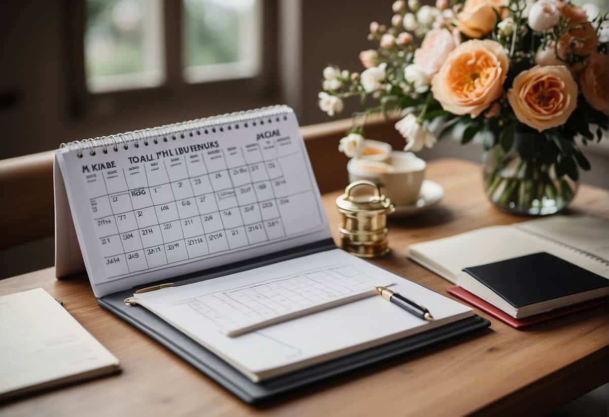 A desk with a calendar, notebook, pen, and laptop. A wedding planning book and checklist are open, with a color swatch and floral samples nearby