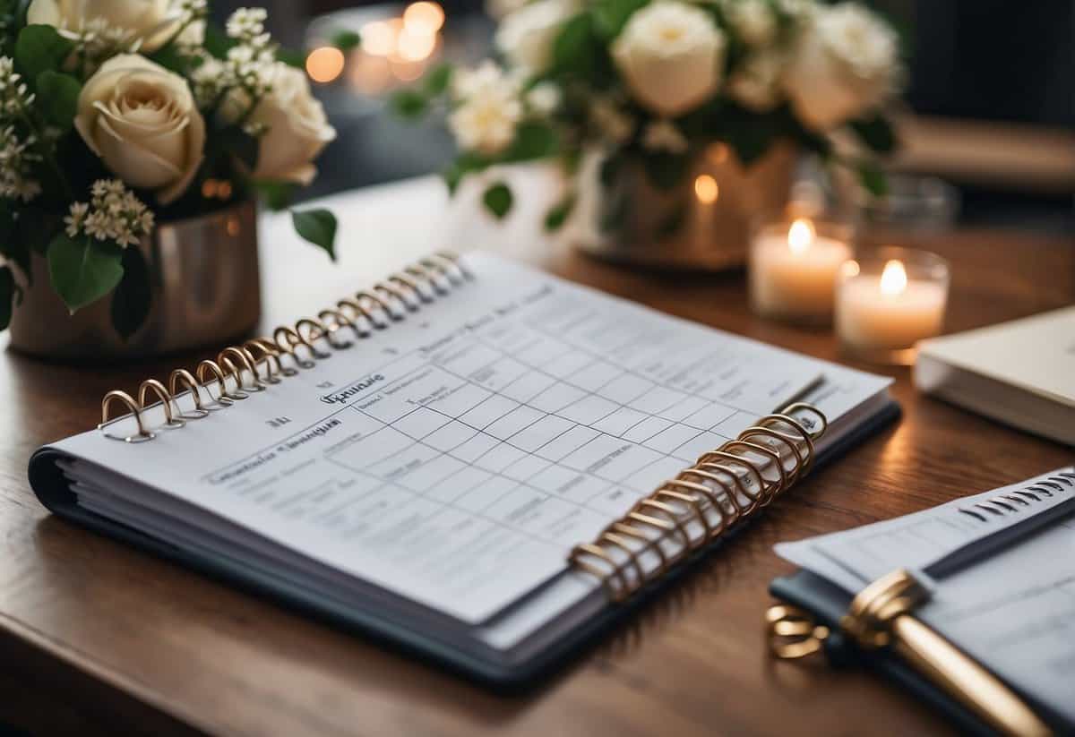 A planner organizes wedding details with a checklist and calendar