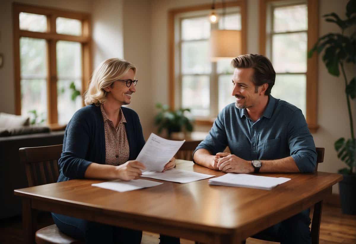 A couple sits at a table, reviewing paperwork and discussing marriage and social security benefits. The room is cozy and filled with natural light, creating a warm and intimate atmosphere