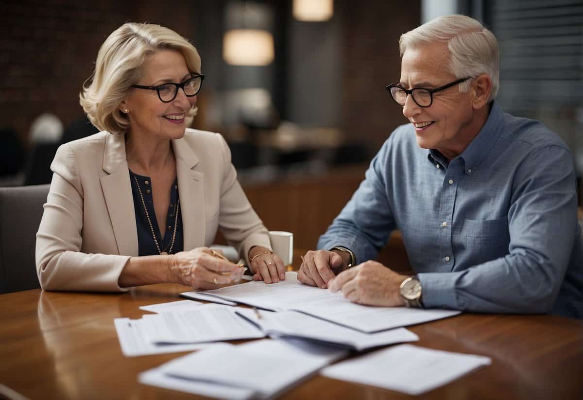 A couple sits at a table with financial documents spread out, discussing retirement options and entitlements. They are deep in conversation, surrounded by calculators, pens, and notebooks