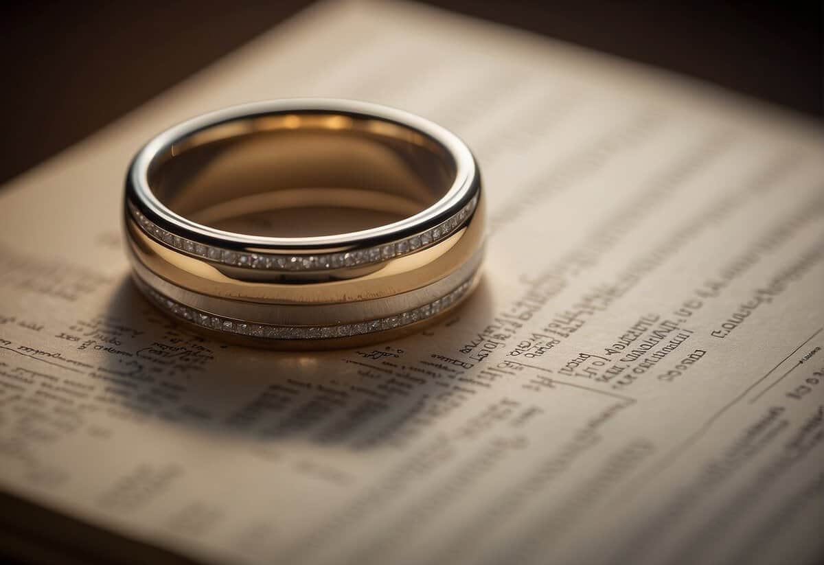A stack of legal documents, a wedding ring, and a list of marital rights and entitlements