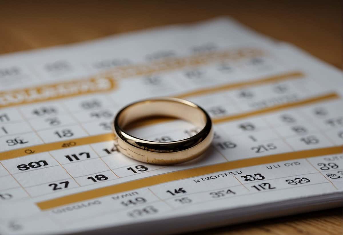A wedding ring lies on a calendar, with the date of the wedding circled and the days after marked with question marks