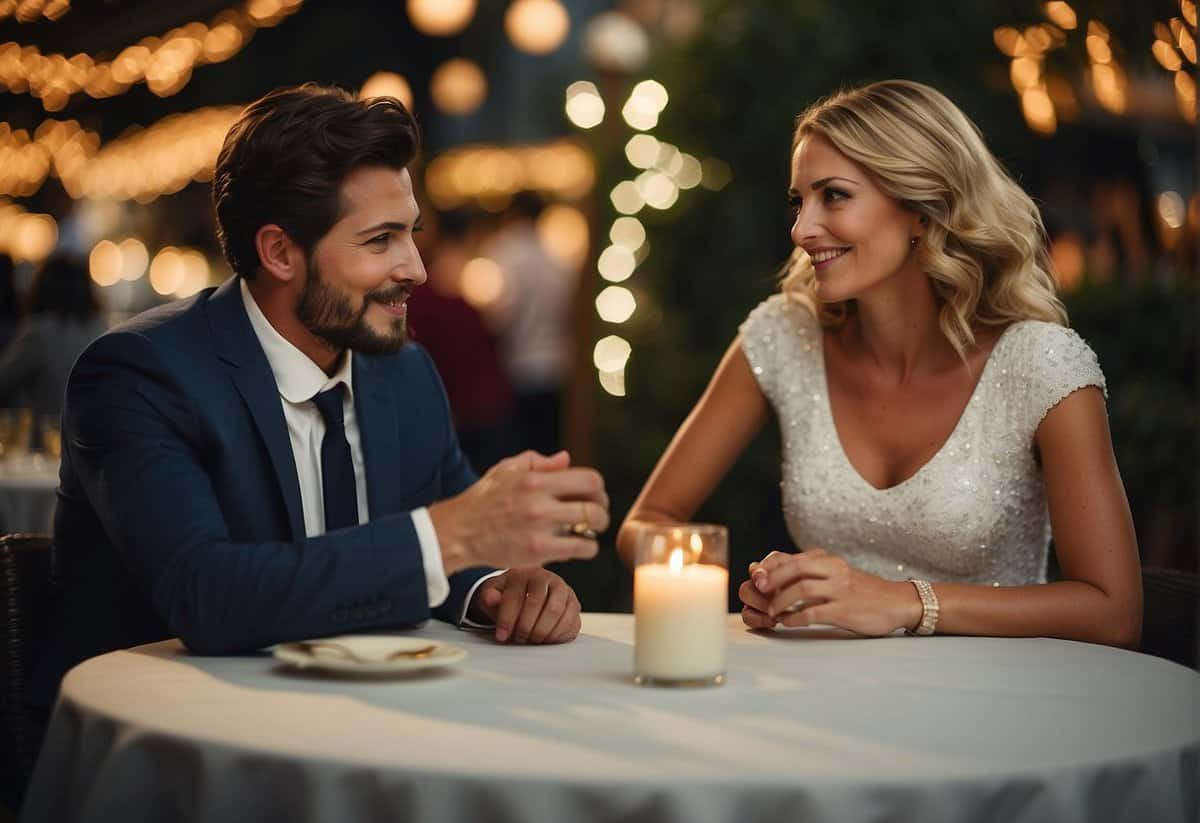 A couple sitting at a table, one with a wedding ring, the other without. Both appear hesitant but intrigued as they discuss the idea of dating after marriage