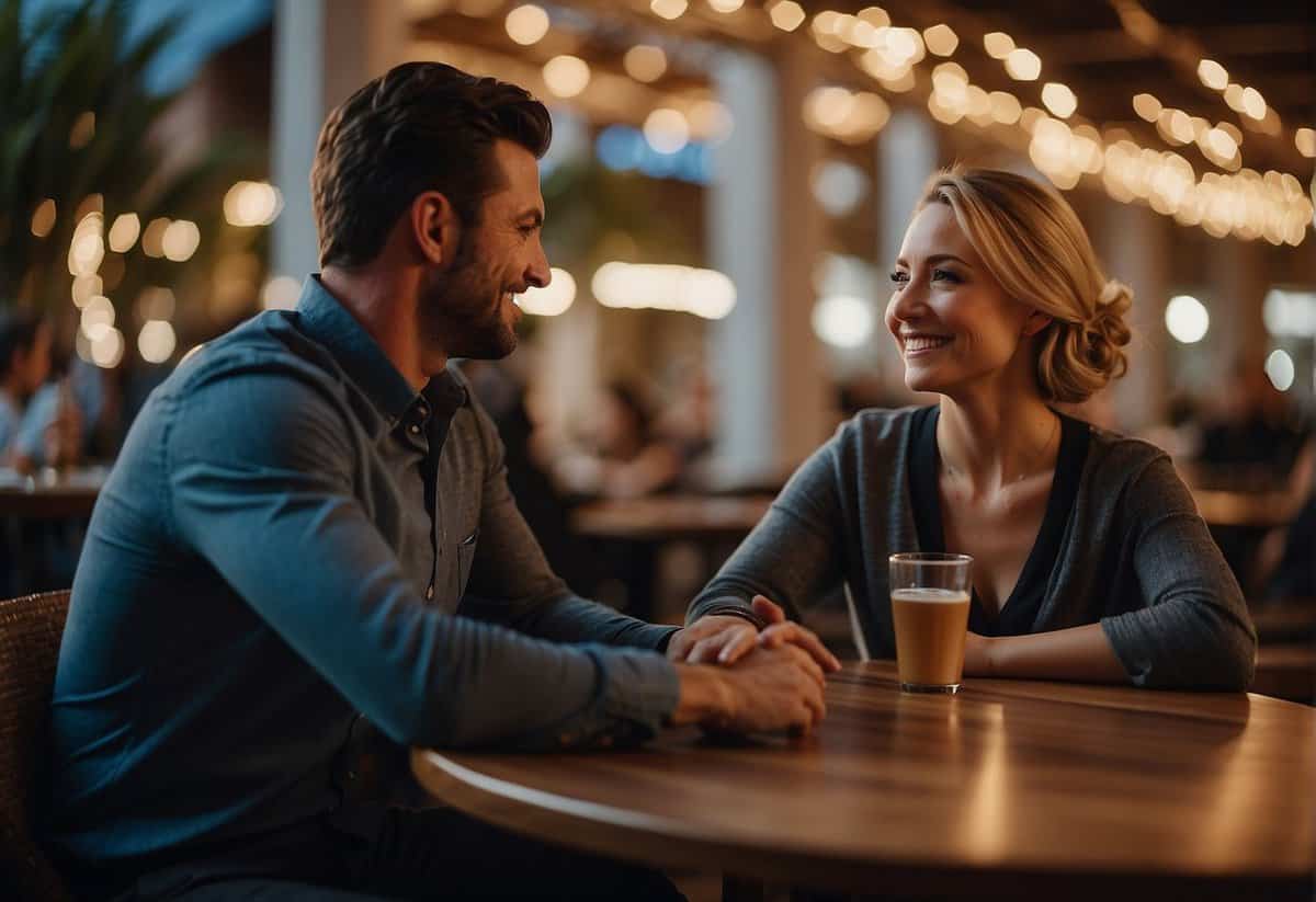 A couple sitting at a table, discussing boundaries and expectations for dating after marriage. A sense of open communication and mutual respect is evident in their body language