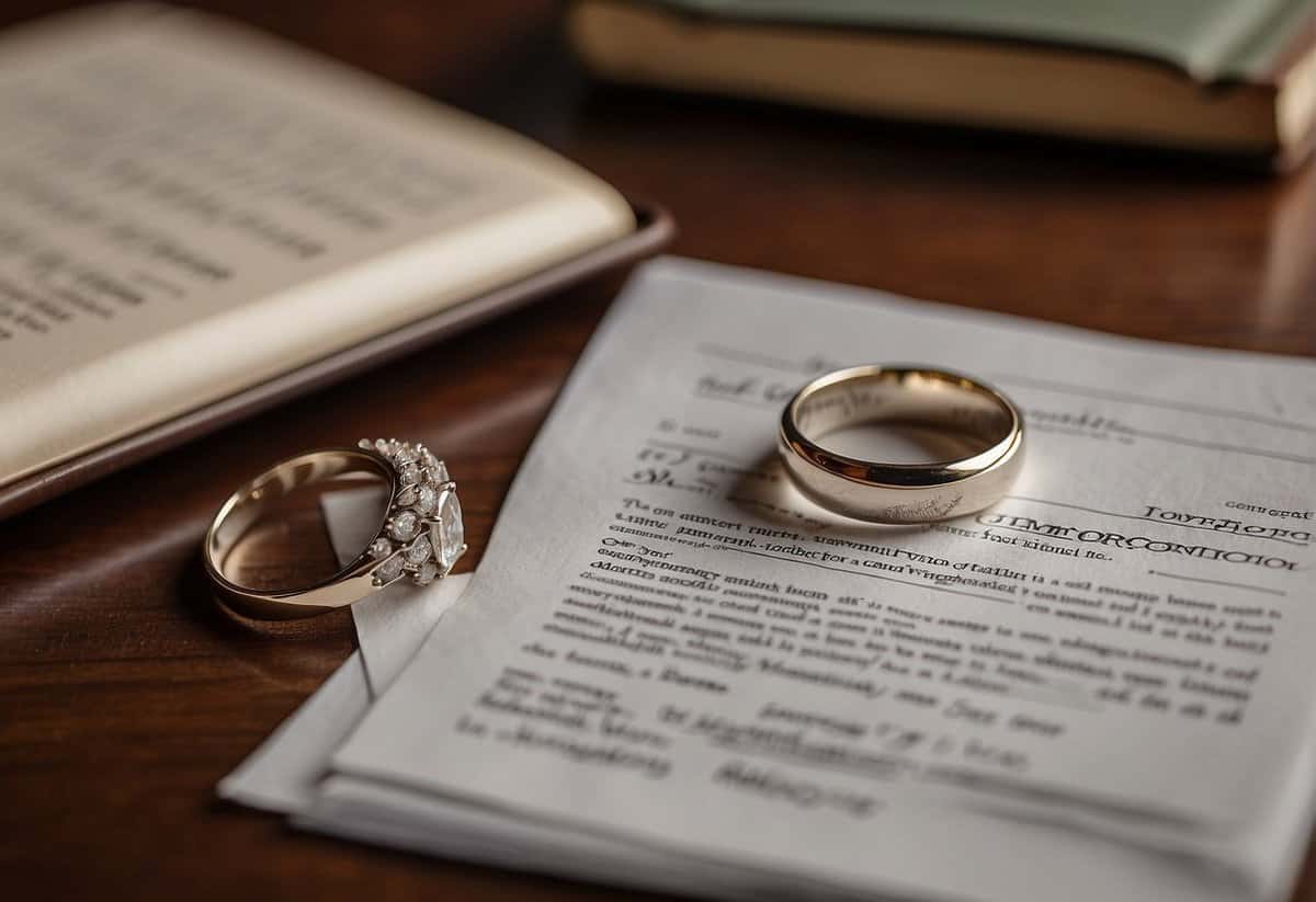 A wedding ring being placed on a finger, with a marriage certificate and state-specific marriage confirmation form displayed nearby