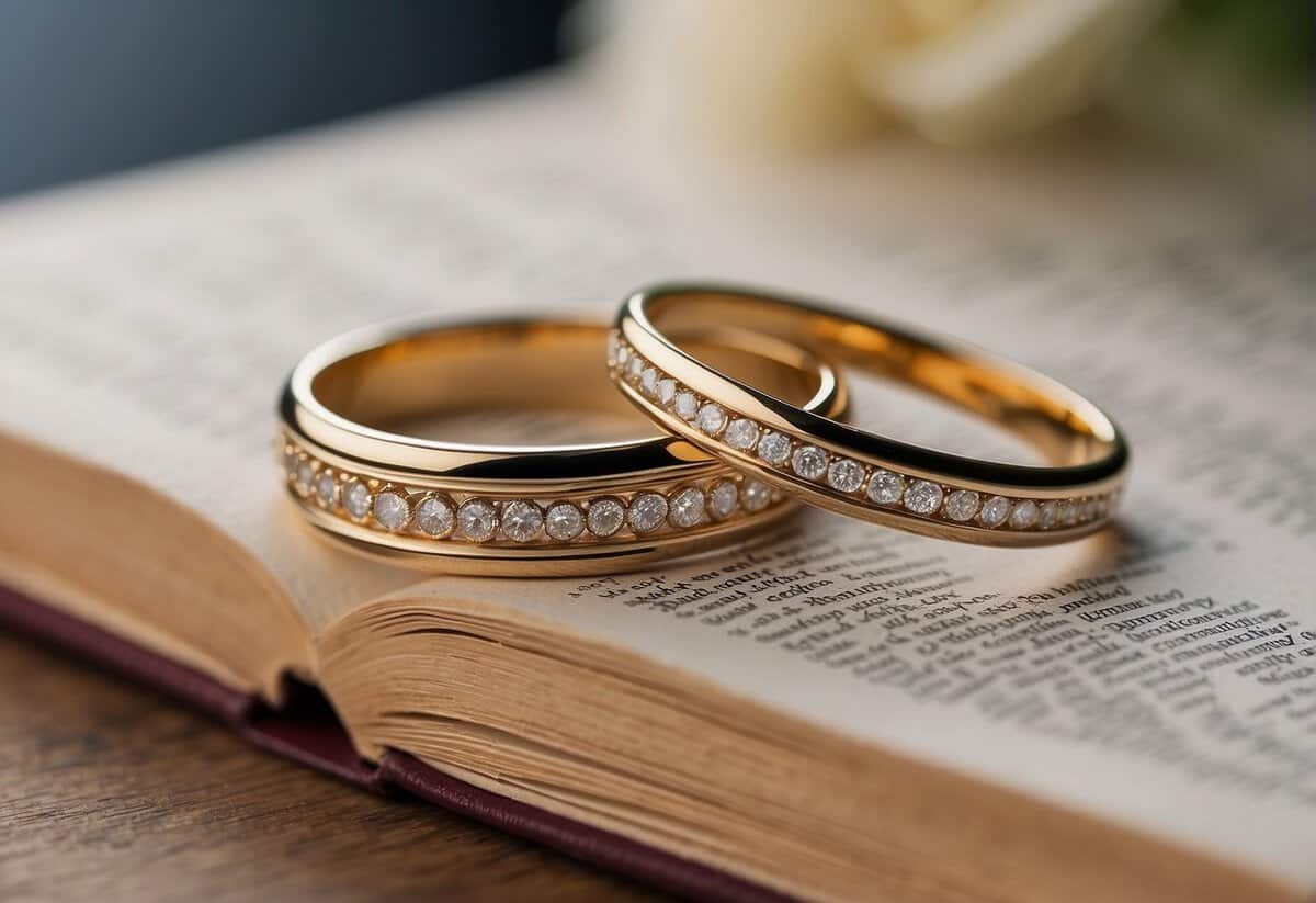 A pair of wedding rings interlocked on a book, symbolizing unity and commitment