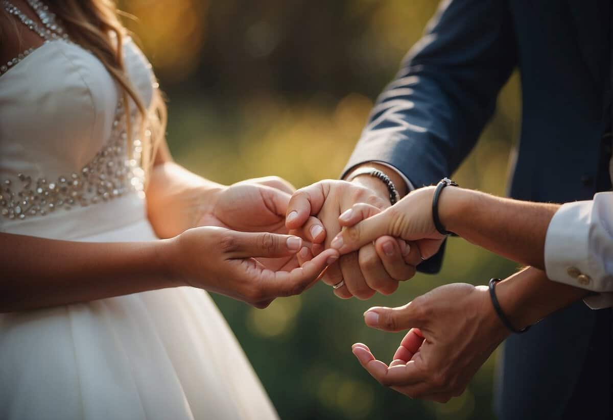 A wedding ring being exchanged between two people, symbolizing commitment and unity