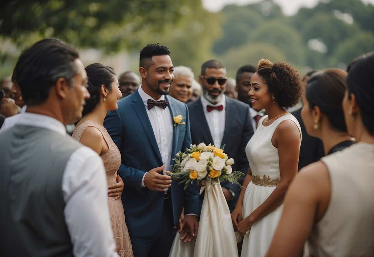 A diverse group of people gather around a symbolic wedding ceremony, representing the societal and community influence on the true meaning of marriage