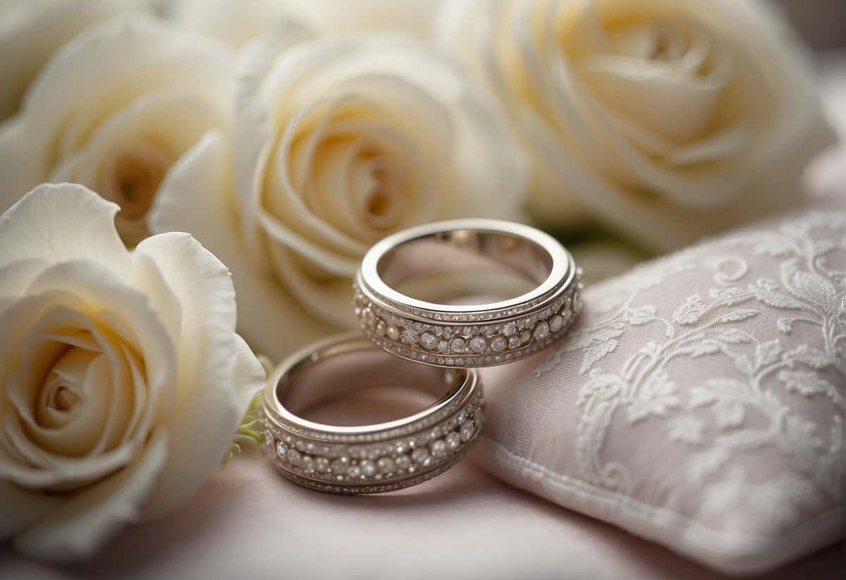 A wedding symbolizes unity, love, and commitment. A pair of interlocked wedding rings on a lace pillow, surrounded by flowers and candles