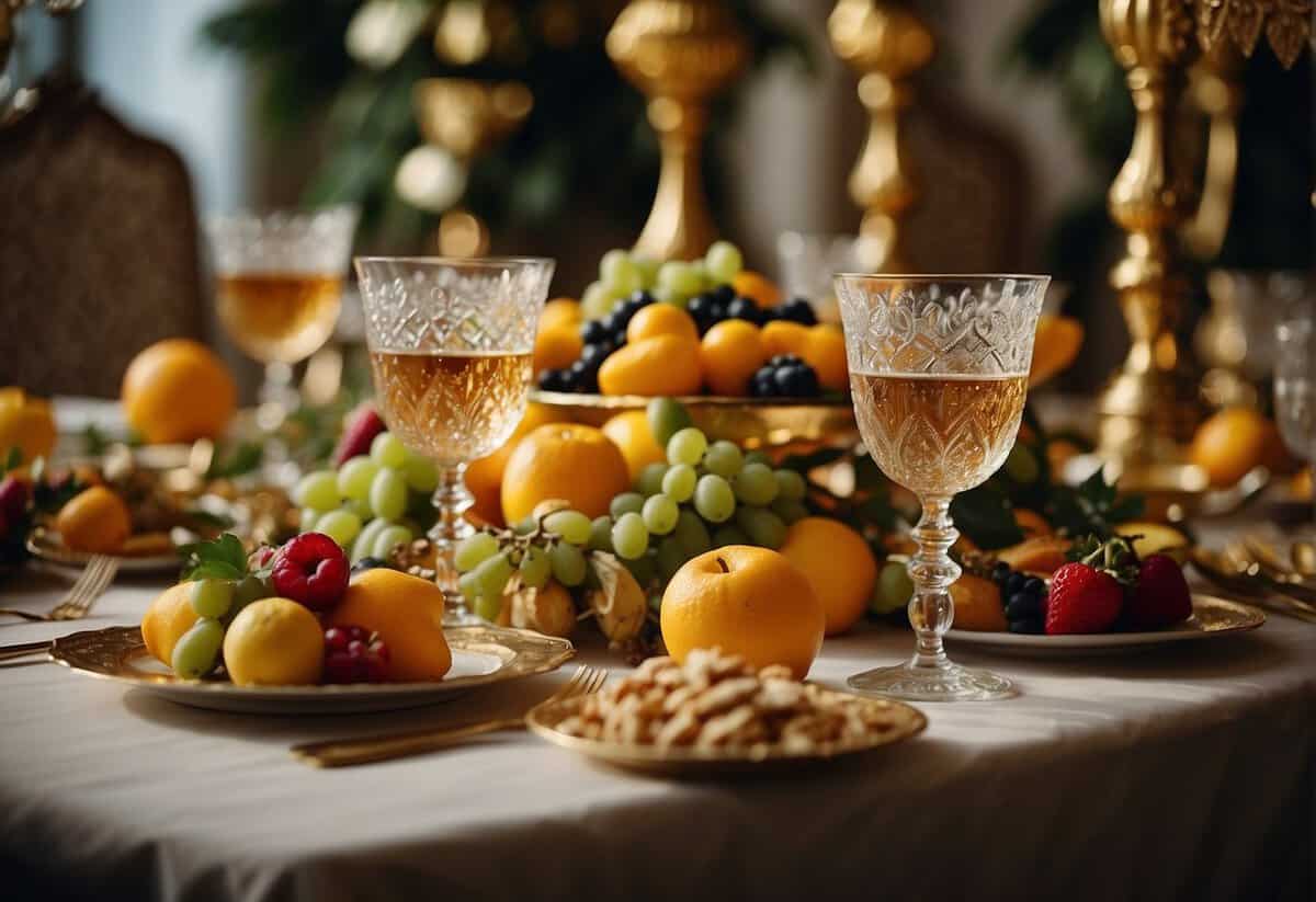 A lavish banquet table adorned with overflowing fruit, gilded goblets, and ornate centerpieces, surrounded by opulent décor and symbols of abundance