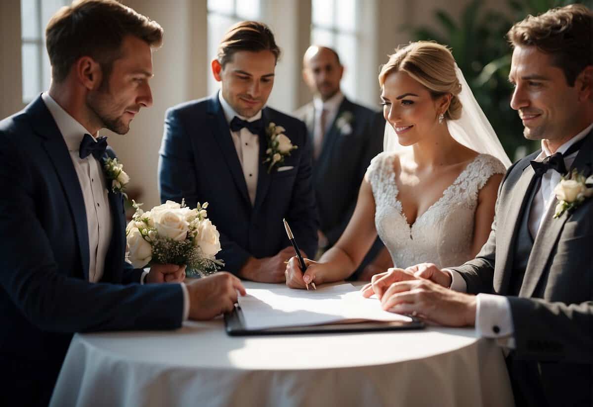 A wedding officiant signing a marriage certificate with legal documents and a friend standing by as a witness in the UK