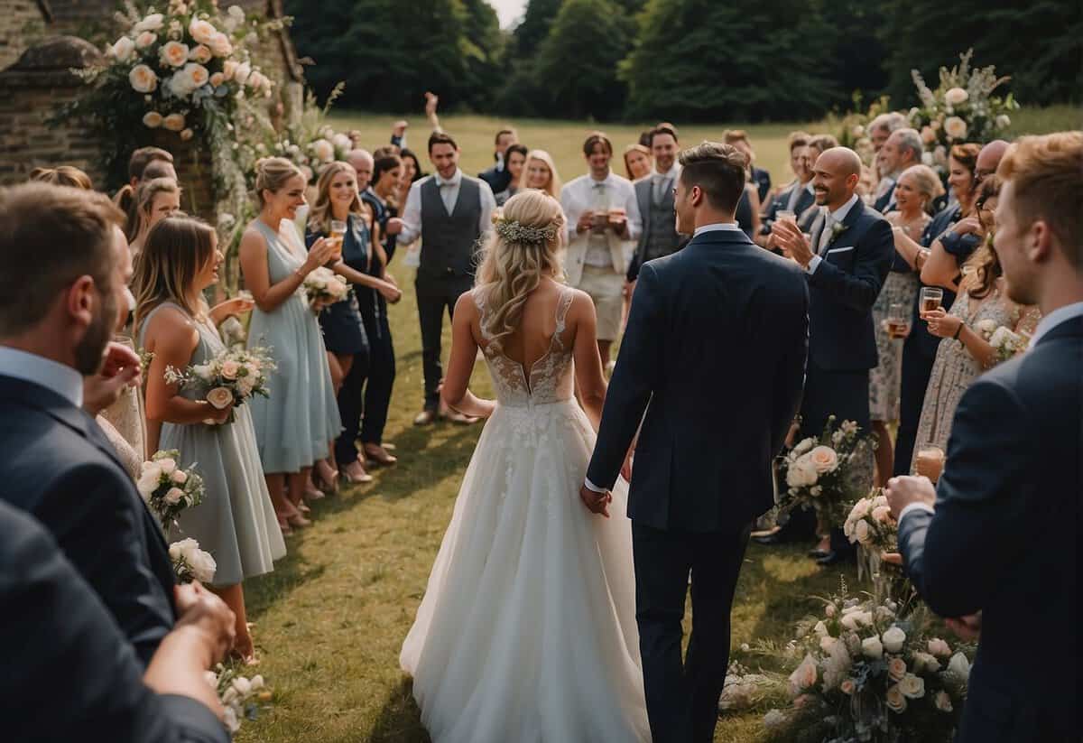 A person officiating a wedding with a friend in the UK, surrounded by guests and a celebratory atmosphere