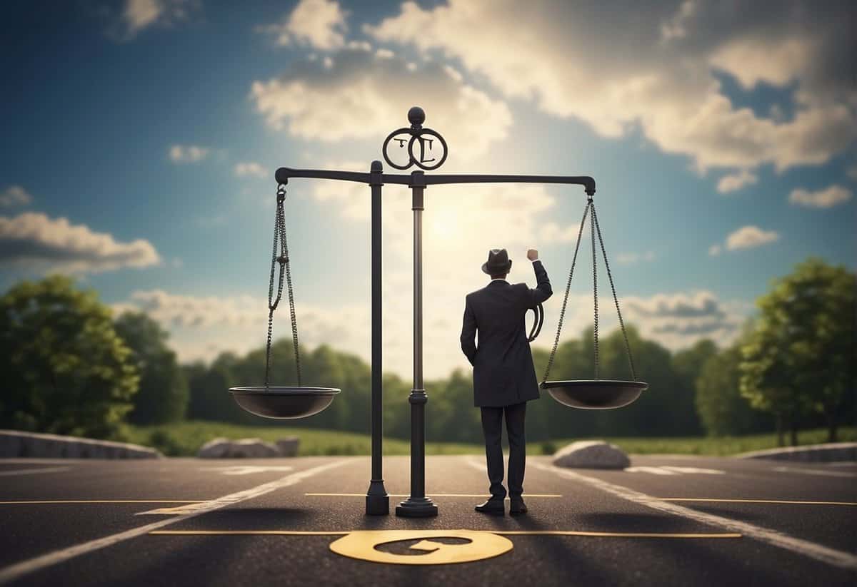 A man stands at a crossroads, weighing the pros and cons of marriage. A scale symbolizes the balancing act, while a question mark hovers above, representing uncertainty