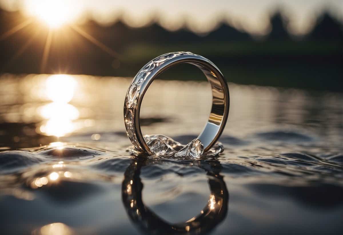 A wedding ring slips off a finger, landing in a puddle