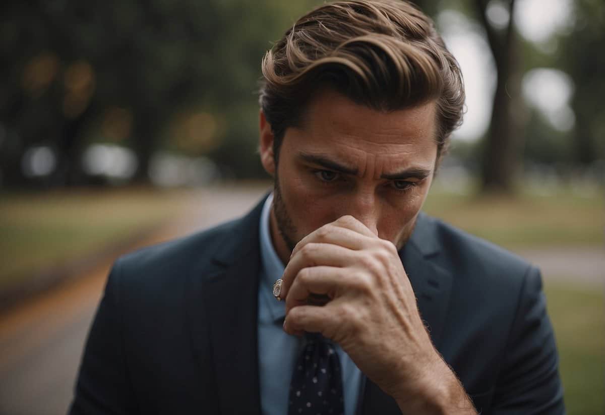 A man gazes longingly at a wedding ring, torn between duty and desire. His conflicted emotions are evident in his body language and facial expression