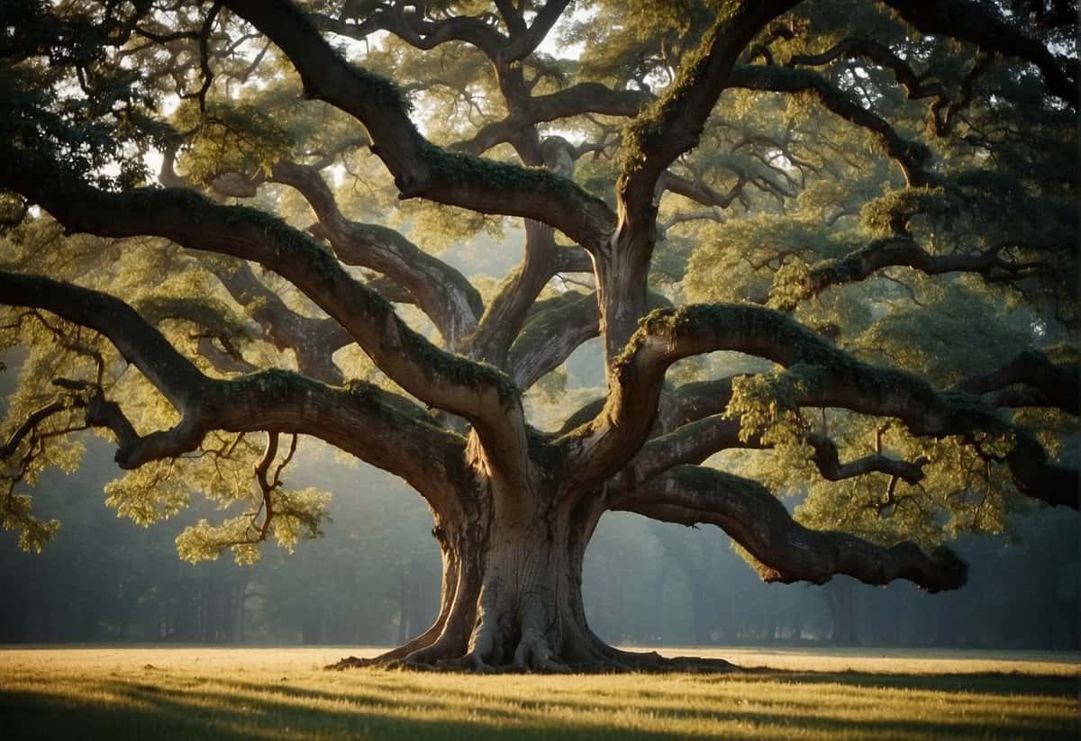 A grand oak tree with two entwined trunks, their branches stretching towards the sky, weathered yet strong, standing together for a century
