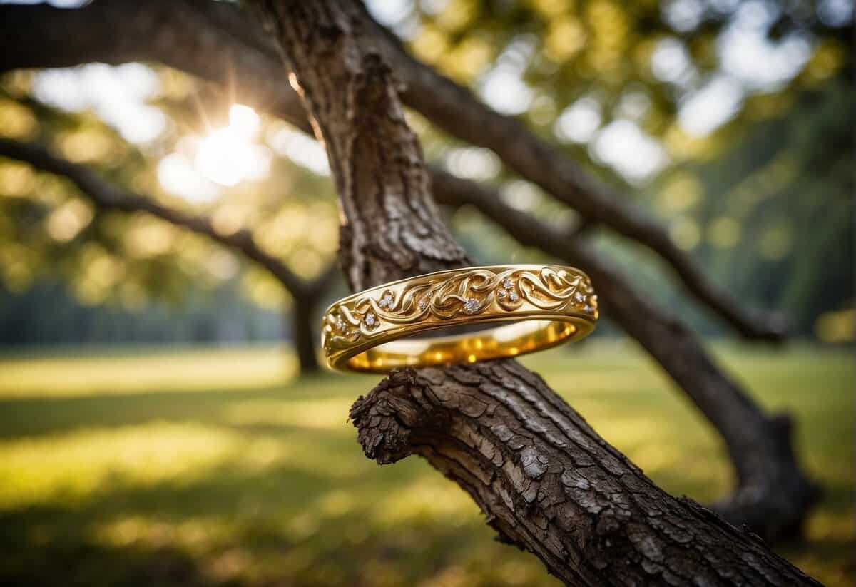 A golden wedding band encircles a century-old oak tree, symbolizing the enduring union of marriage and the security it provides