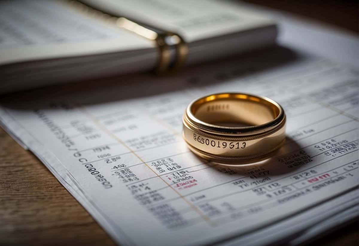 A wedding ring encased in a time capsule, surrounded by stacks of financial documents and a calendar showing 100 years