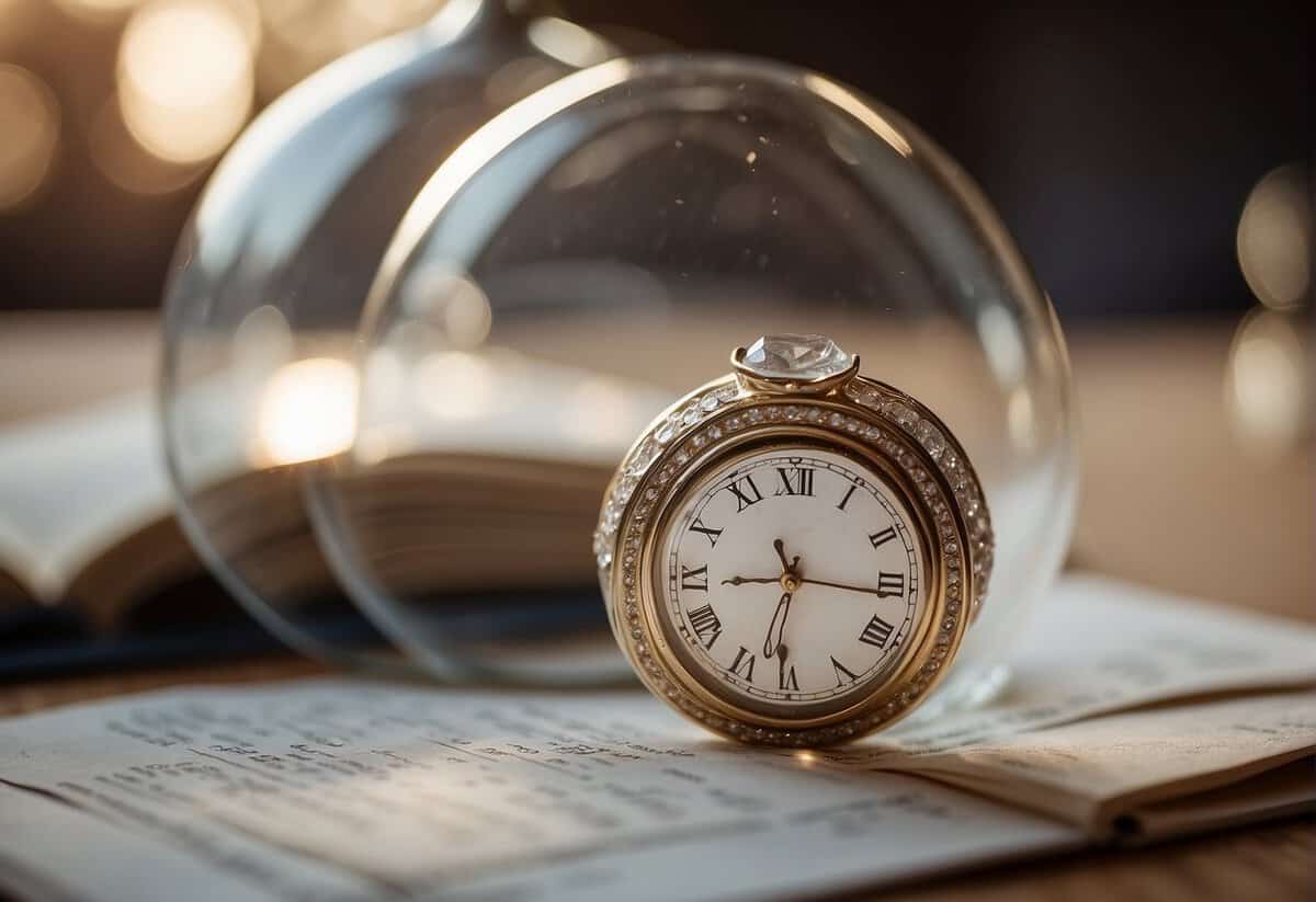 A wedding ring encased in a glass dome, surrounded by a calendar showing 100 years passing. Emotional and legal documents scattered around it