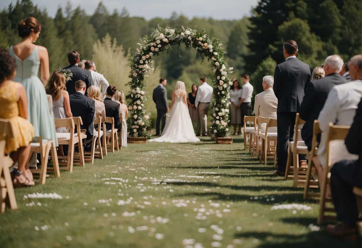 A simple outdoor ceremony with minimal decor, a small guest list, and homemade or potluck food