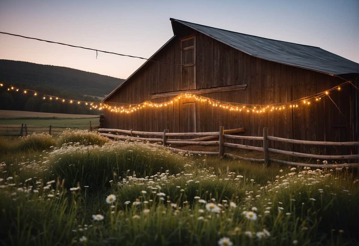 A rustic barn with string lights, hay bales, and wildflowers. A simple, outdoor setting with a cozy and intimate atmosphere