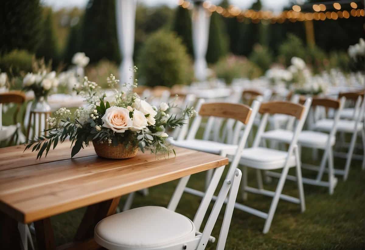 A simple outdoor wedding in a garden with minimal decorations and a small guest list