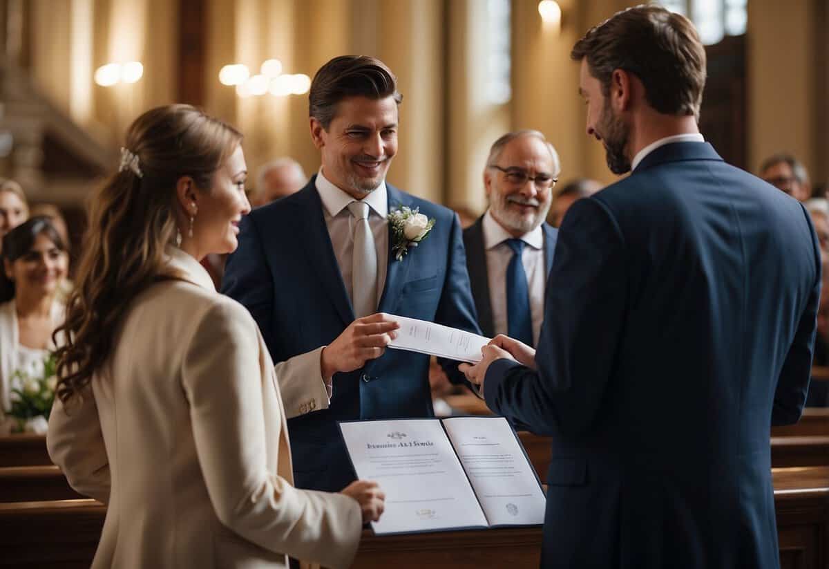 A couple stands before a registrar, exchanging vows. The registrar holds a 'Free to Marry' certificate, signifying their legal ability to wed in the UK