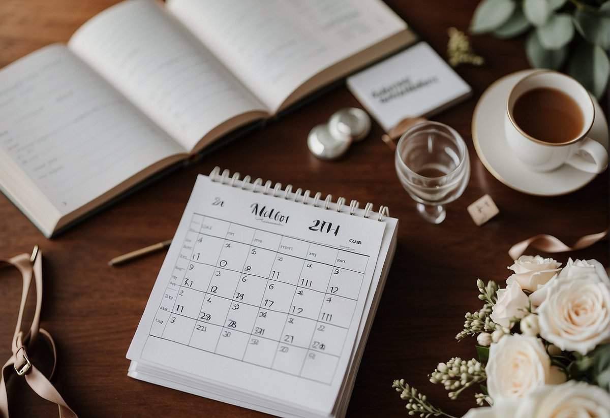 A calendar with a wedding date circled, surrounded by planning books and checklists