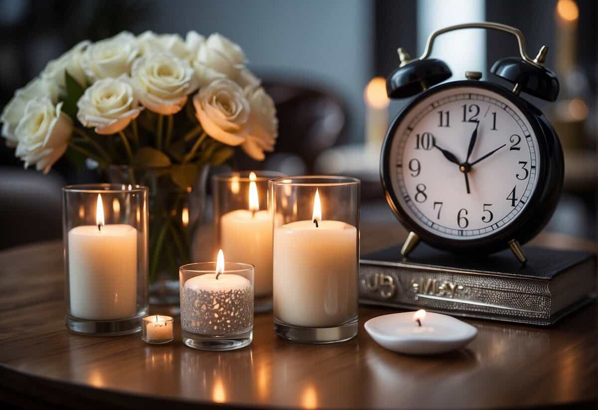 A table set with candles, flowers, and beauty products. A calendar on the wall showing the wedding date. A clock ticking in the background