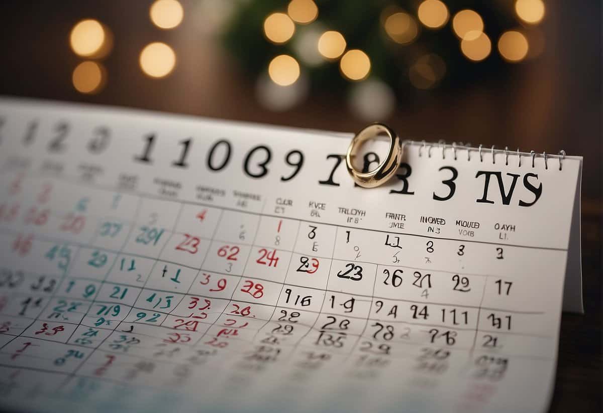 A calendar with a proposal date marked and a wedding date circled