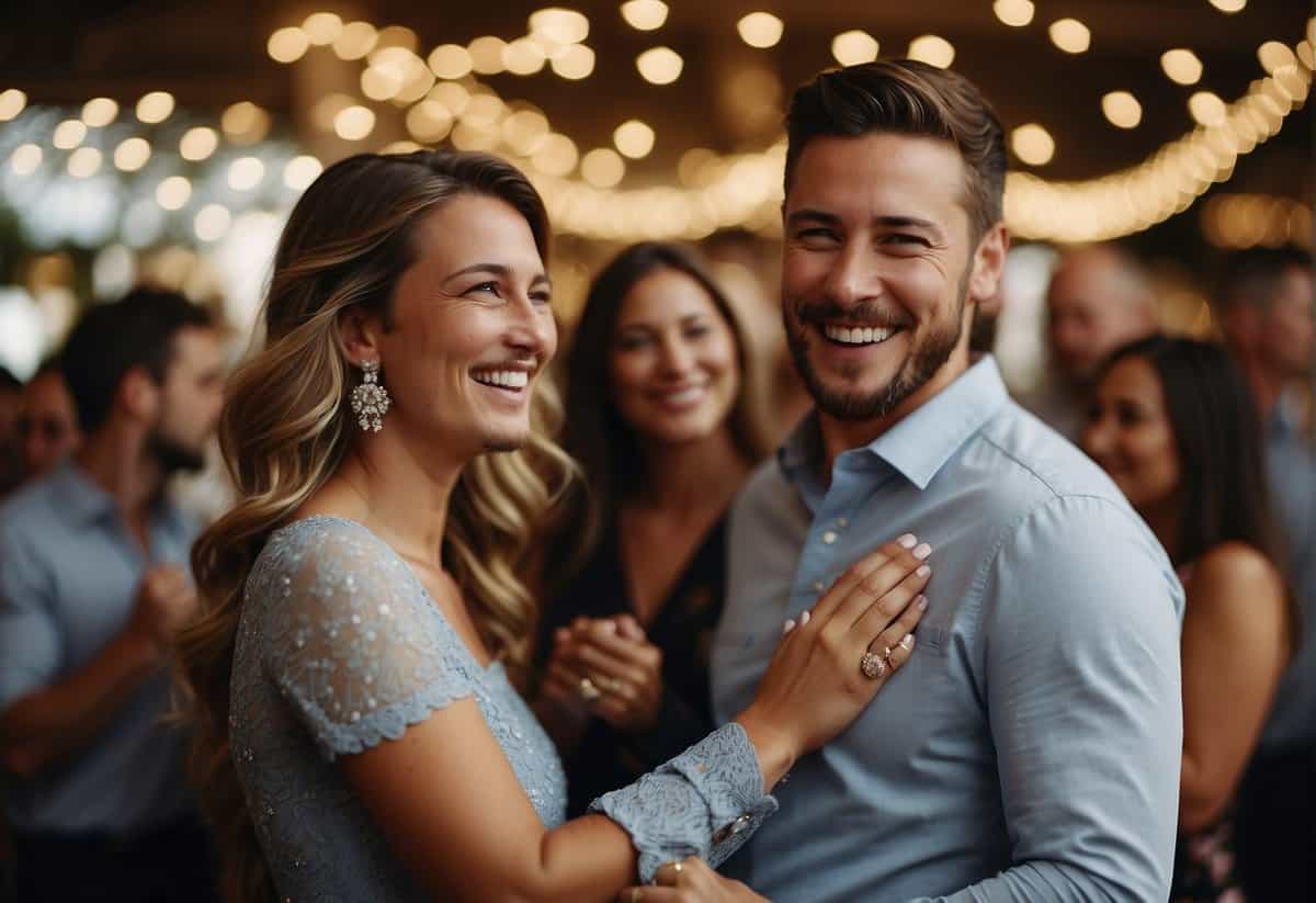 A couple celebrates their engagement, surrounded by friends and family, discussing wedding plans and sharing excitement for the upcoming nuptials