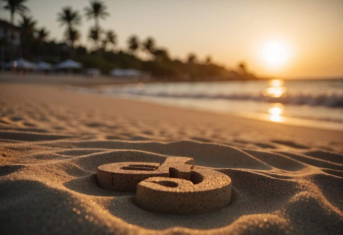 A tropical beach with a sunset, a luxury resort in the background, and a couple's initials written in the sand