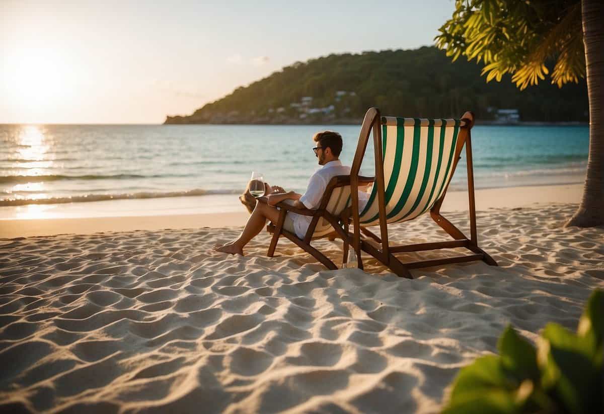 A couple lounges on a white sandy beach, surrounded by crystal clear waters and lush greenery. A luxurious resort sits in the background, with a romantic sunset casting a warm glow over the scene