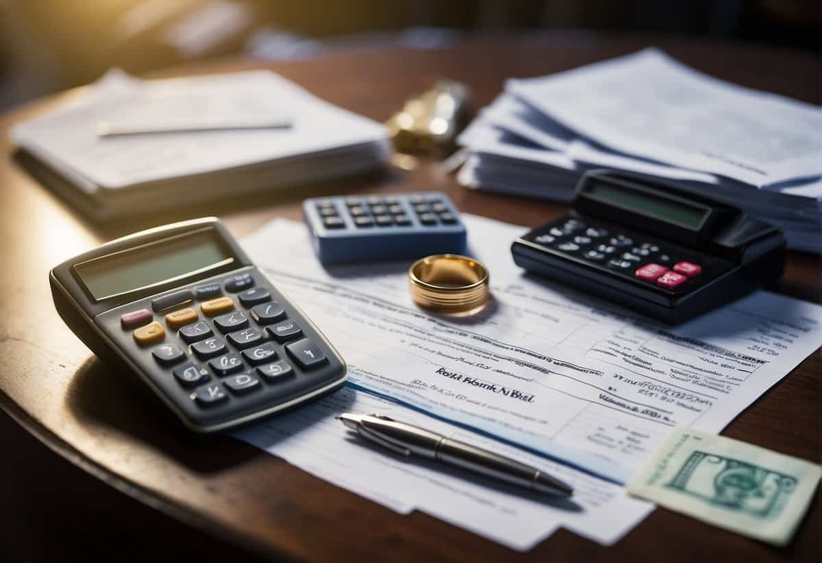 A stack of bills and a wedding ring on a table, with a calculator and financial documents spread out nearby