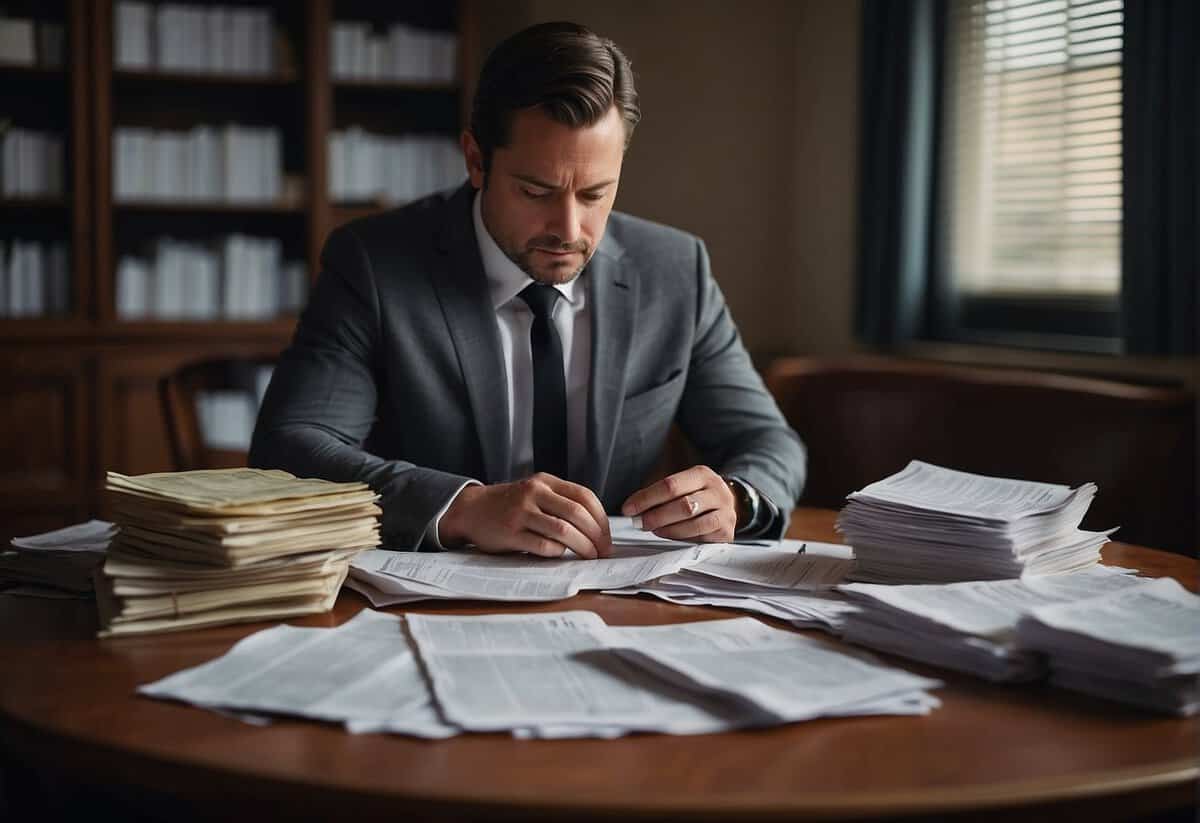 A person sitting at a table, contemplating with a thoughtful expression. A pile of bills and financial documents is spread out in front of them, while a wedding ring sits on the table, symbolizing the internal struggle of staying in a marriage for financial stability