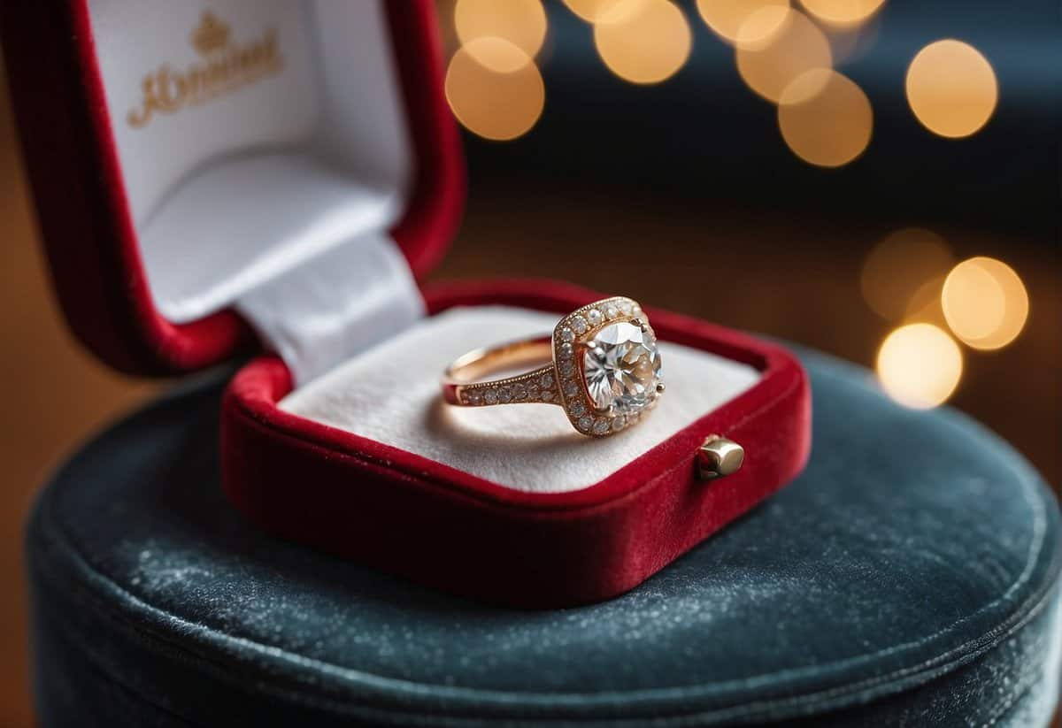 A sparkling engagement ring sits on a velvet cushion, waiting to be picked up and admired