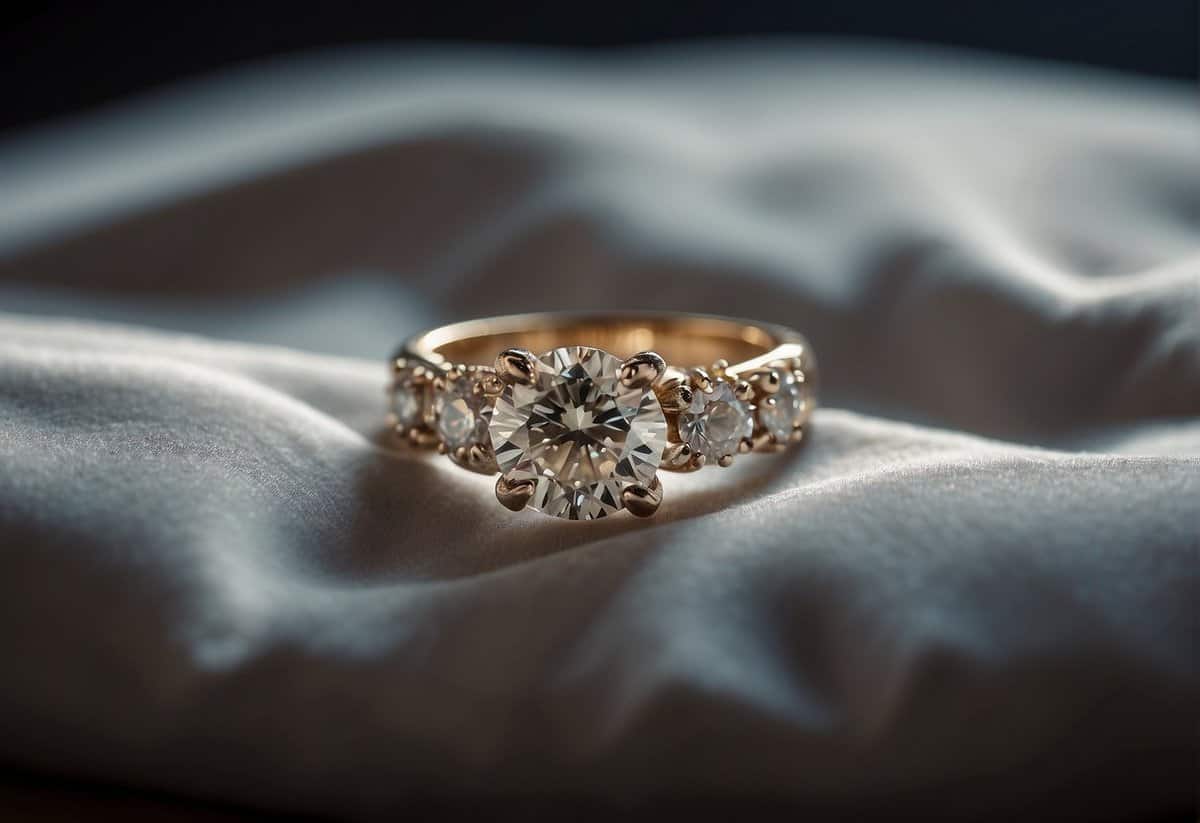 A diamond ring rests on a velvet cushion, surrounded by question marks
