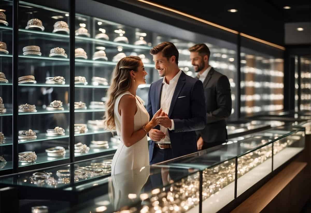 A couple stands in front of a display case filled with sparkling wedding rings, pointing and discussing their options