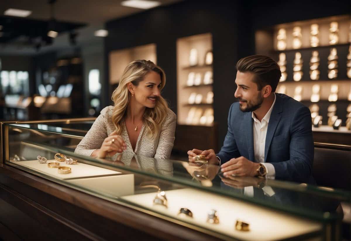 A couple sits at a jewelry store, examining different wedding ring options. They discuss their preferences and consider each other's opinions before making a decision
