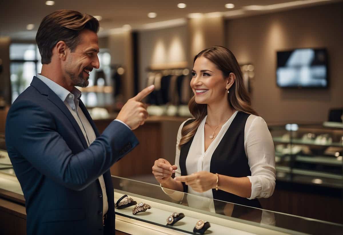 A couple stands in a jewelry store, pointing to wedding rings while discussing their purchase