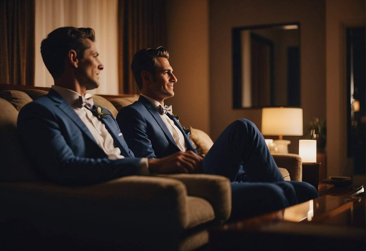 The best man and groom relax in a cozy hotel room the night before the wedding