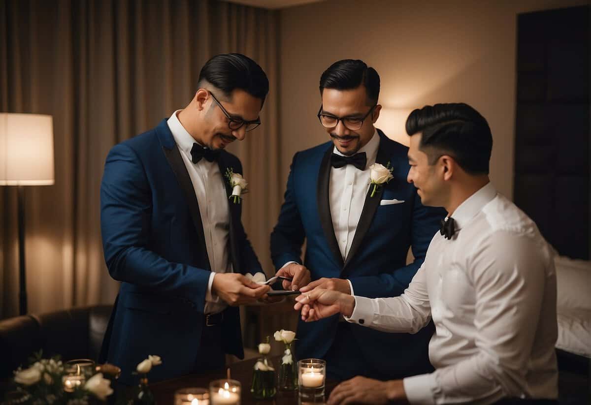 The best man assists the groom in his pre-wedding preparations the night before the wedding