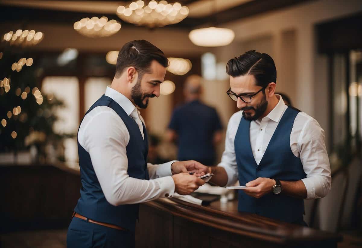 The best man helps the groom with last-minute tasks before the wedding