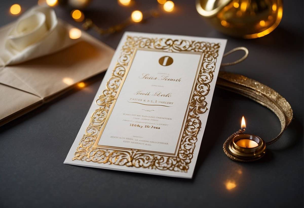 A wedding invitation with two names, one for the father and one for the girlfriend, and a question mark hovering over the girlfriend's name