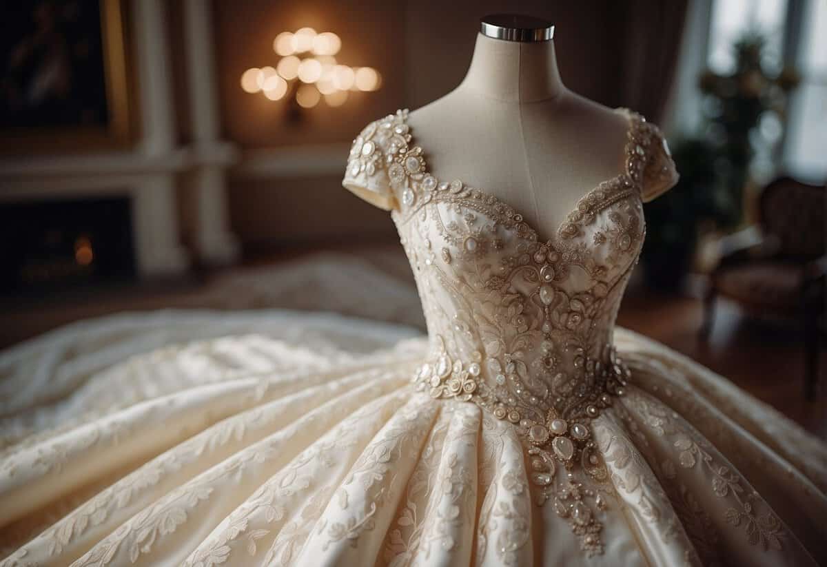A lavish wedding dress displayed with a price tag in pounds, surrounded by elegant fabric and intricate details