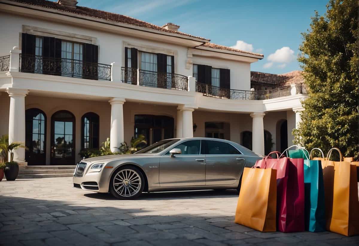 A lavish mansion with a luxury car parked outside, surrounded by expensive shopping bags and a private jet in the background