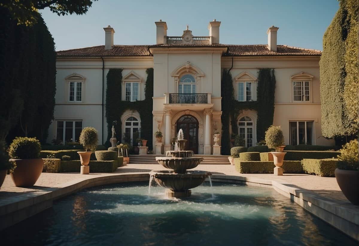 A luxurious mansion with a grand entrance, expensive cars parked outside, and a lavish garden with a fountain