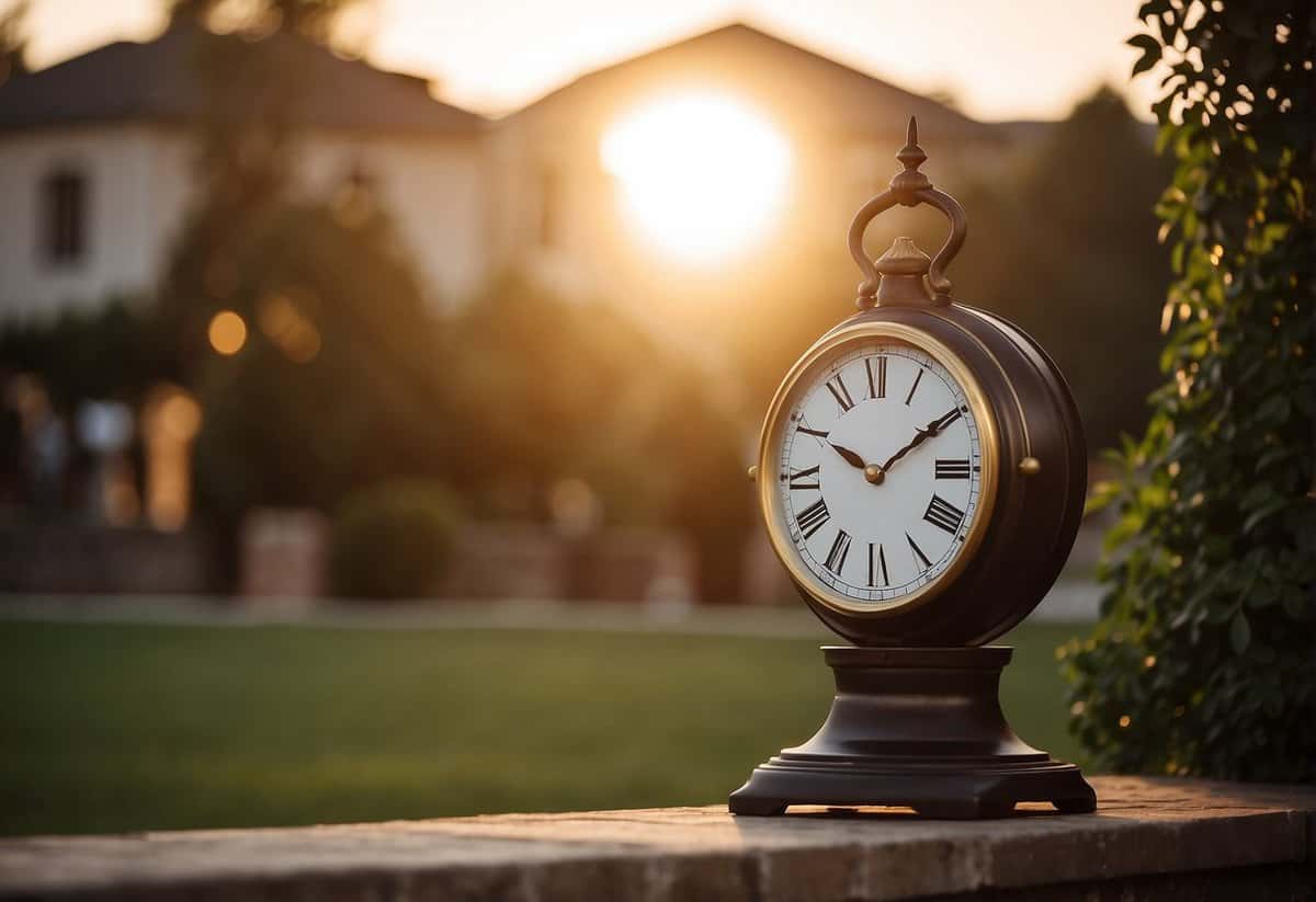 A clock striking 7, with a setting sun in the background, casting a warm glow over a serene outdoor wedding venue