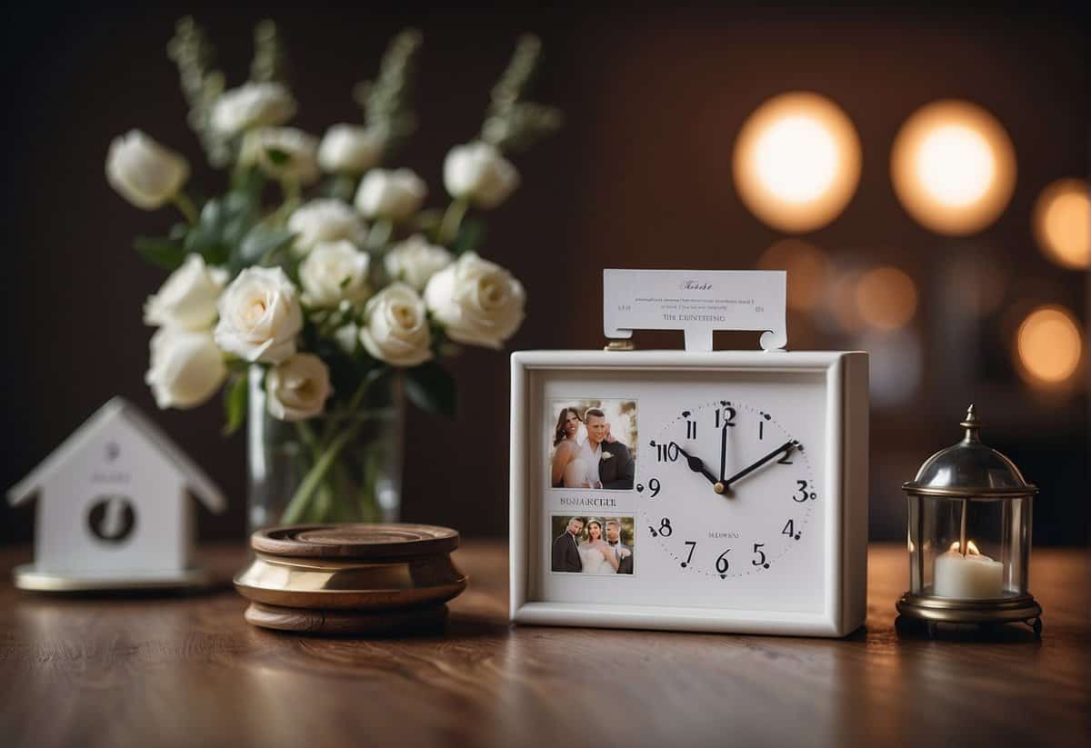 A clock showing 7 o'clock with a wedding invitation and a timeline schedule laid out neatly on a table